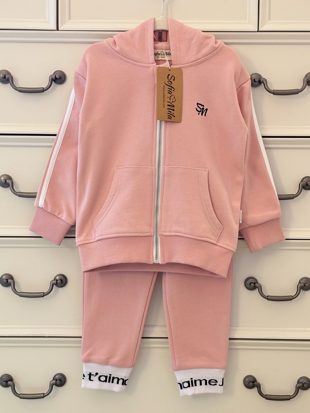 NWT Sofia Mila Organic Cotton 2Pc Je T’aime Light Pink Tracksuit Size 3-4Y